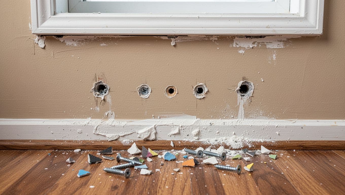 Close-up view of a beige interior wall after old curtain track removal, revealing four to six small screw holes with rough edges, scattered paint chips on the hardwood floor, and powdery white residue. Removed screws lie on the floor with part of a white window frame visible at the top.