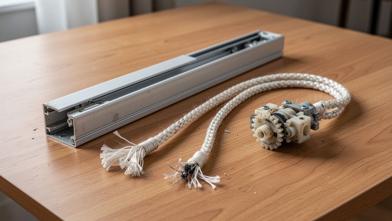 Realistic close-up photograph of worn custom window curtain hardware on a wooden table: bent aluminum track segment, frayed nylon pull cord, and jammed plastic lift mechanism gear under soft natural light.