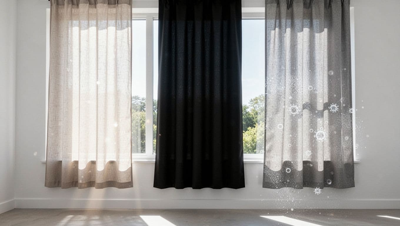 Three curtain fabric samples hang side by side against a window in a modern room: plain fabric on the left allows light through, thick blackout coating in the middle blocks all sunlight with no shadow, and subtle antimicrobial texture on the right, highlighted by natural sunlight.