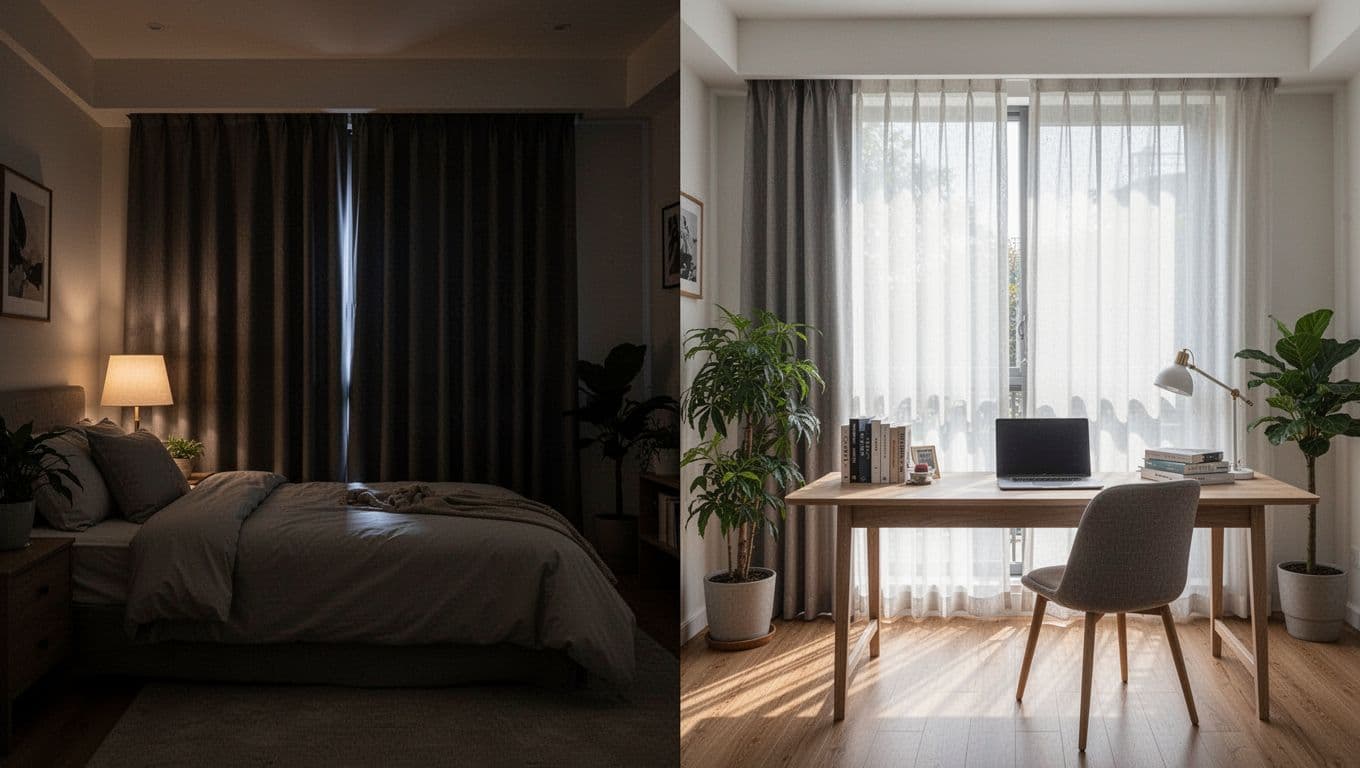 低預算訂製窗簾:遮光等級怎麼選睡得香 Split composition of a darkened cozy bedroom with blackout curtains on the left and a bright study with semi-transparent sheer curtains on the right, in modern Taiwanese home style with neutral colors and wooden floors.