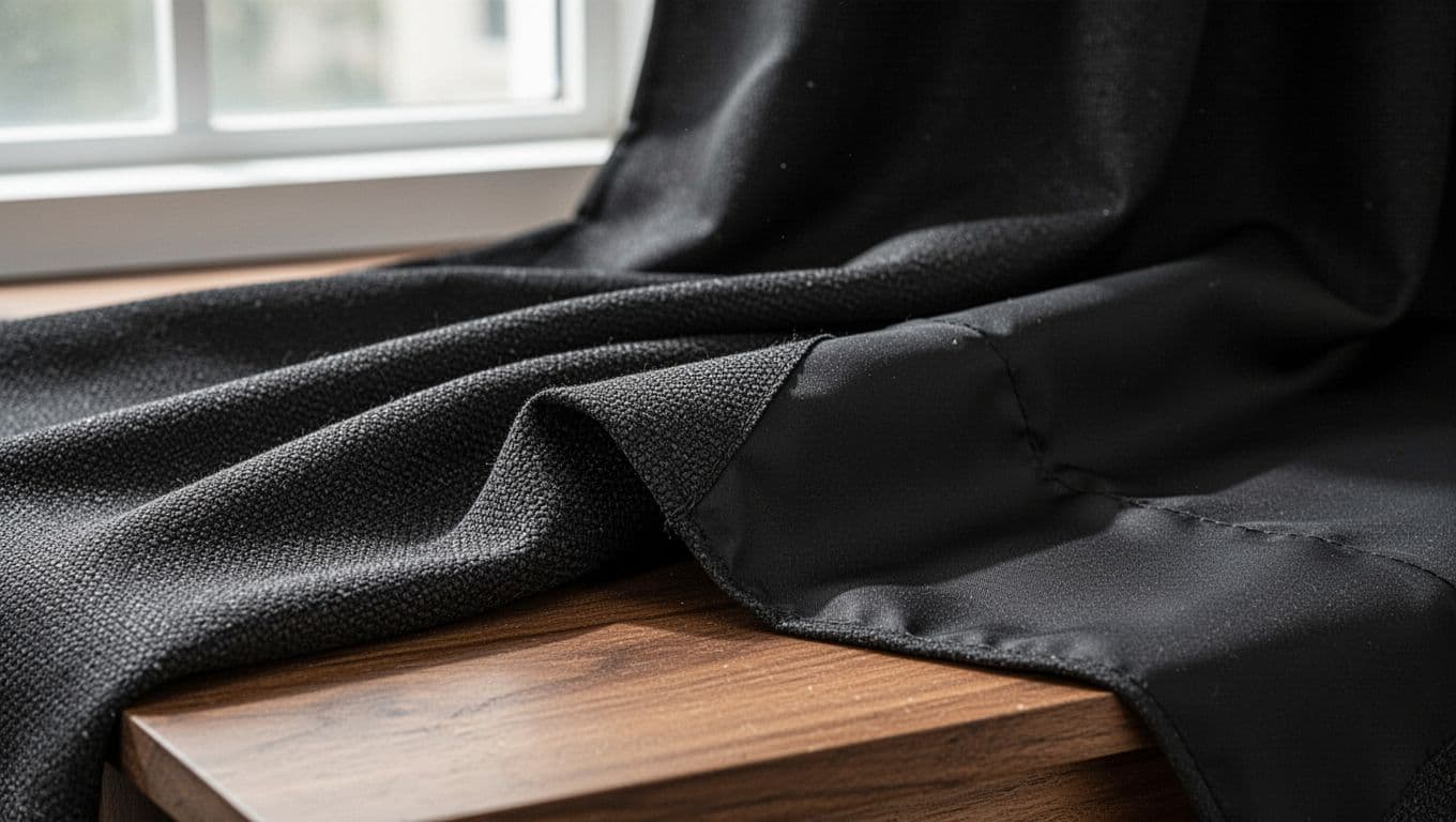 訂製窗簾一定要花錢的3大地方:布料、五金、安裝全解析 Close-up view of high-quality blackout window curtain fabric draped over a wooden surface, revealing detailed dense weave on the front and smooth blackout backing on the reverse, illuminated by soft natural daylight.