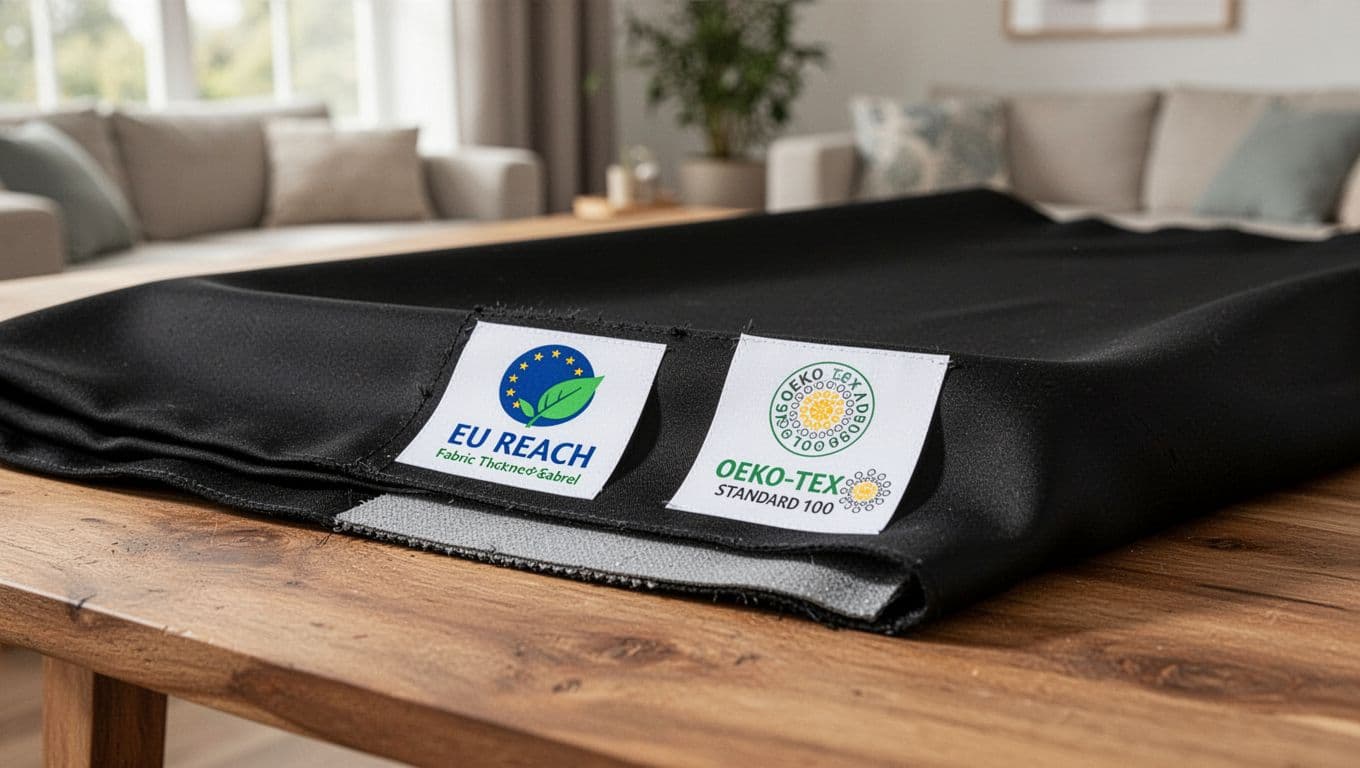 Close-up photorealistic view of a blackout curtain fabric swatch on a wooden table in a bright living room, showcasing EU REACH eco-label and Oeko-Tex Standard 100 badges, with sharp focus on texture and backing details.