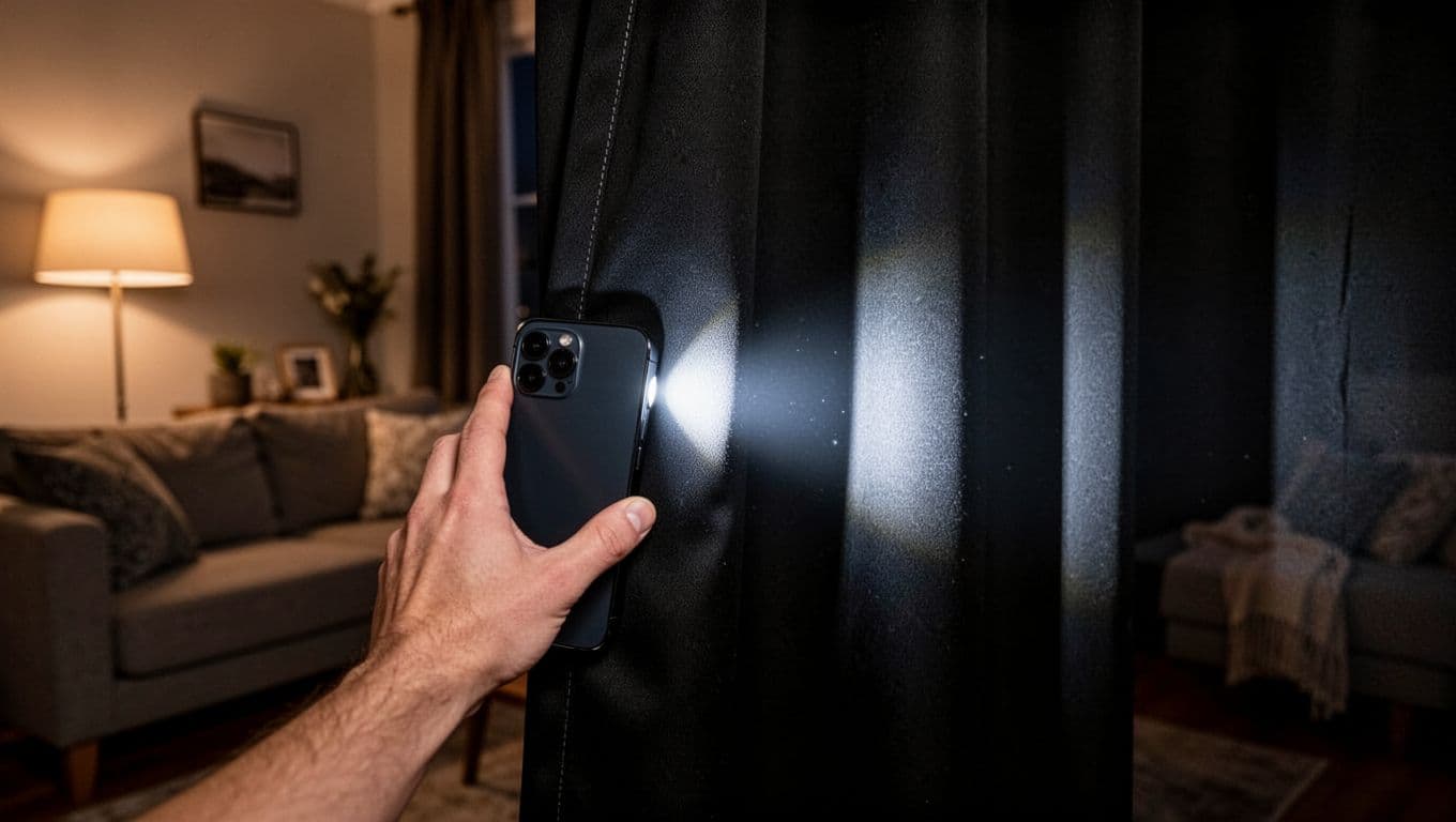 Close-up view of a hand holding a smartphone flashlight against the back of thick blackout curtain fabric in a dimly lit living room at night, demonstrating complete light blockage on the front side. Tests shown at center, edge, and seam with realistic fabric textures and cozy room background.