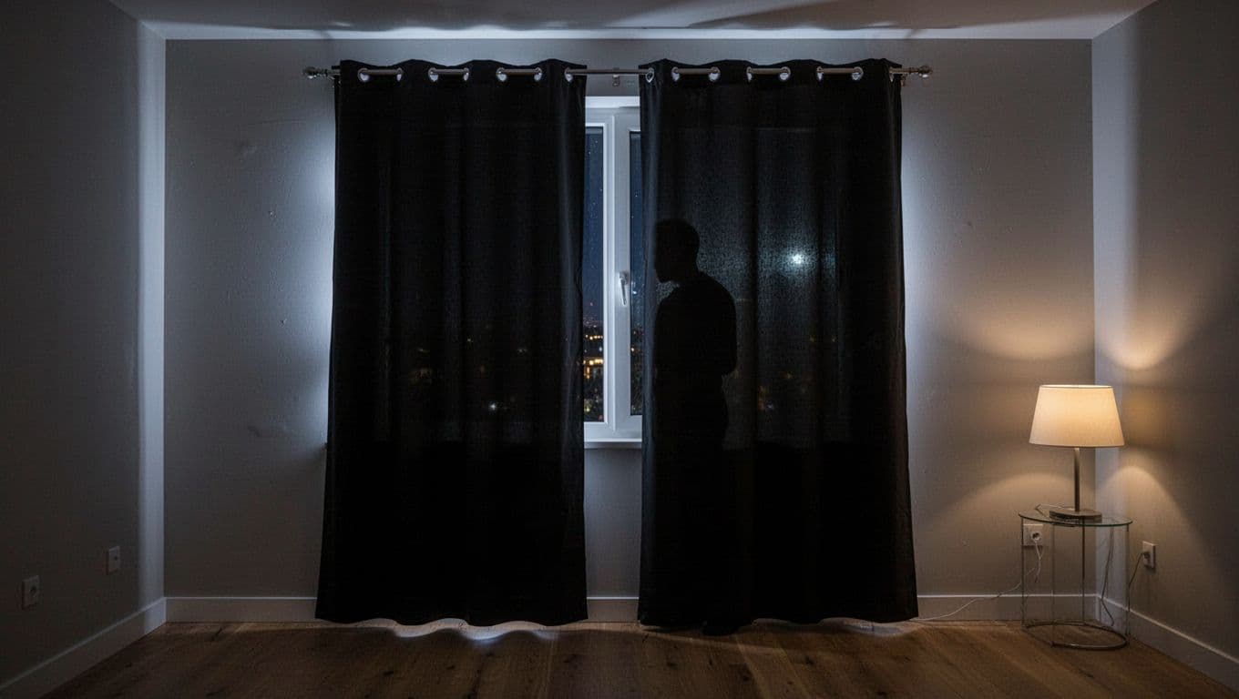 A realistic bedroom window at night shows blackout curtains partially installed with light seeping from sides, top edges, and gaps, plus a faint silhouette visible through the backlit fabric.