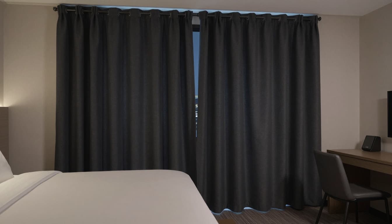 Functional business hotel room showcasing fully blackout curtains tightly fitted to the window frame with no light leaks, made of sound-absorbing thick fabric. Curtains drawn shut for complete opacity against a city night view, with desk and neutral bedding in the background.