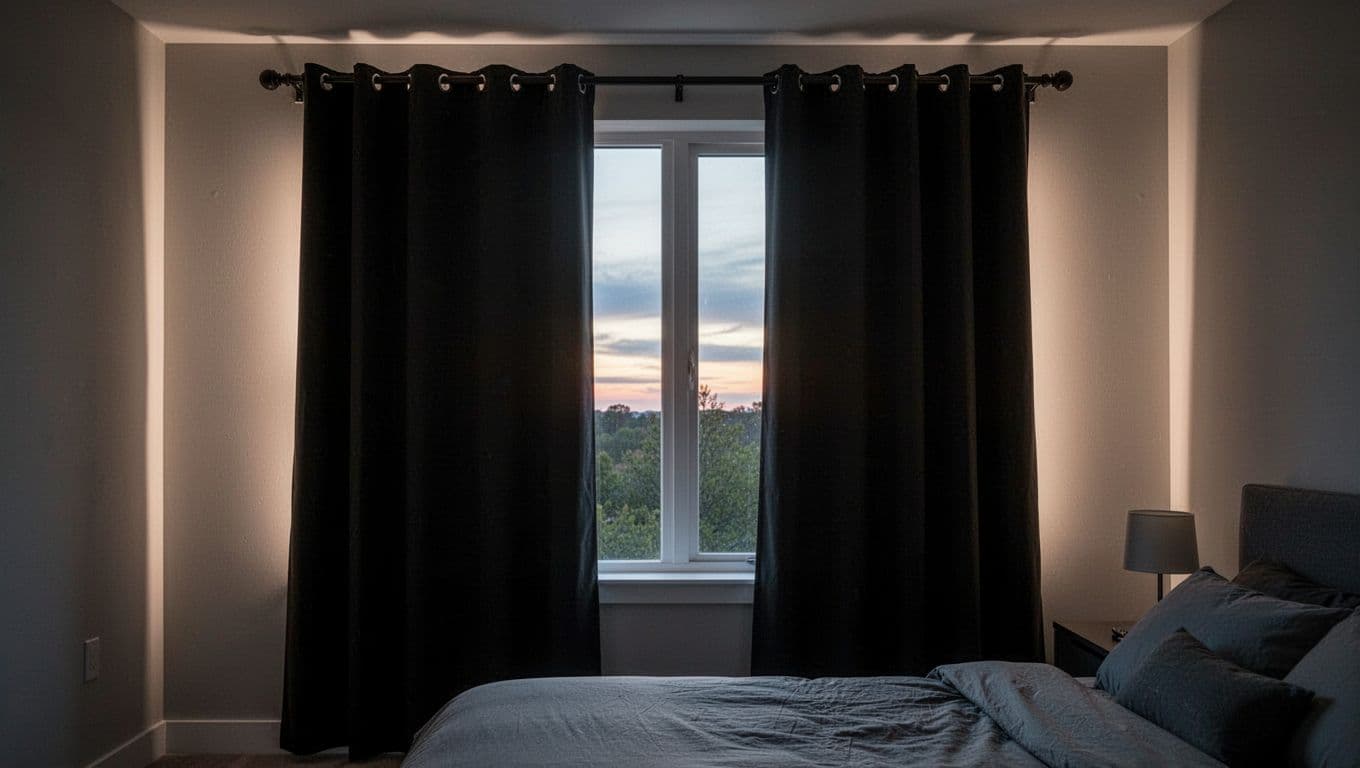 Photorealistic modern bedroom window scene featuring heavy blackout curtains partially closed on a cheap, misaligned track, with visible light leaks from both sides and edges due to poor end caps and gaps.