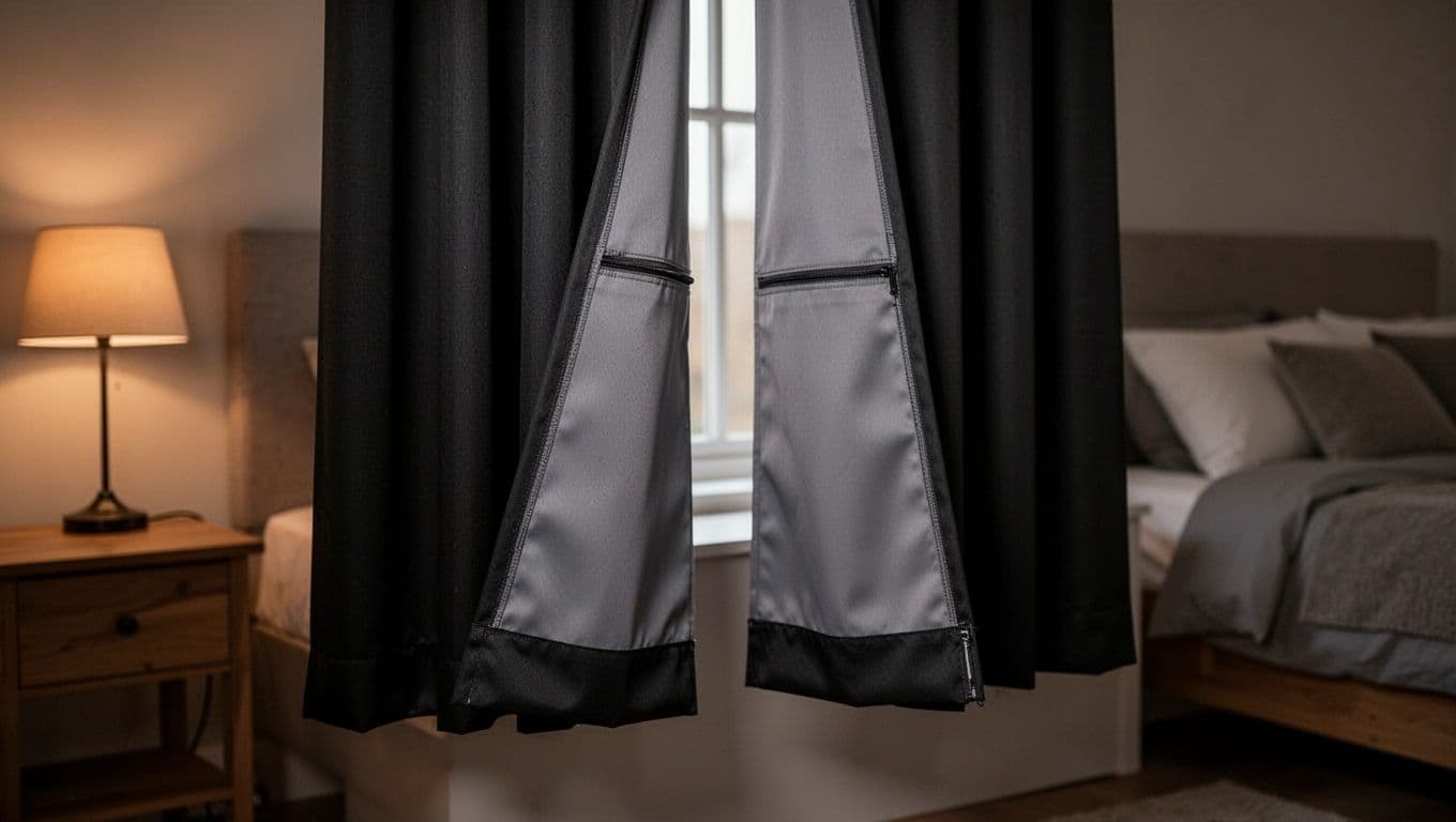 Close-up view of blackout curtains fully drawn in a cozy bedroom, highlighting tight seals on edges, top, and bottom to prevent light leaks, with smooth inner lining and dim bedside lighting.