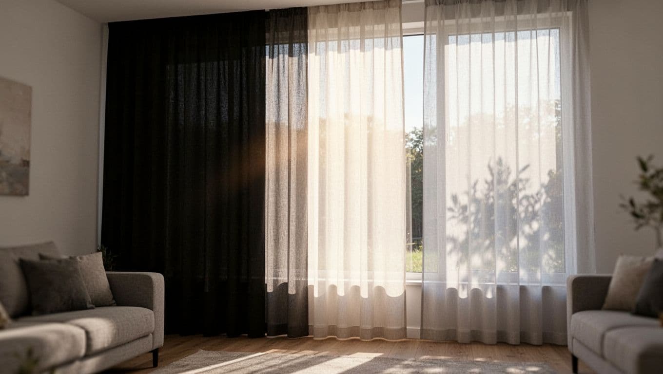 Bright daytime modern living room corner with large window and three curtain panels: blackout blocking all light, semi-opaque diffusing soft glow, sheer showing outdoor silhouettes.