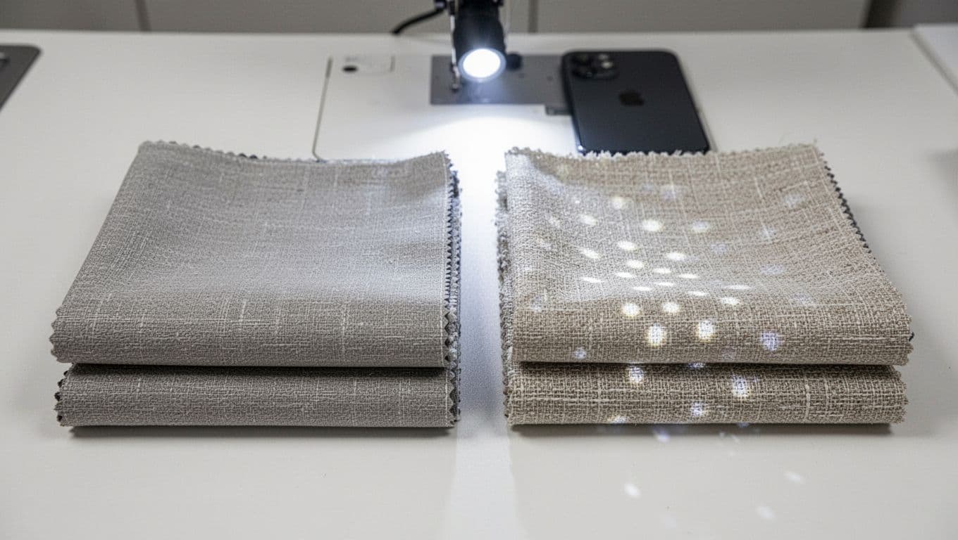 Top-down close-up of two stacked curtain fabric samples on a store counter: left fully blocks smartphone flashlight light with no glow, right allows subtle light spots and faint texture visibility. High macro detail on weaves, edges, and light diffusion on plain white background.