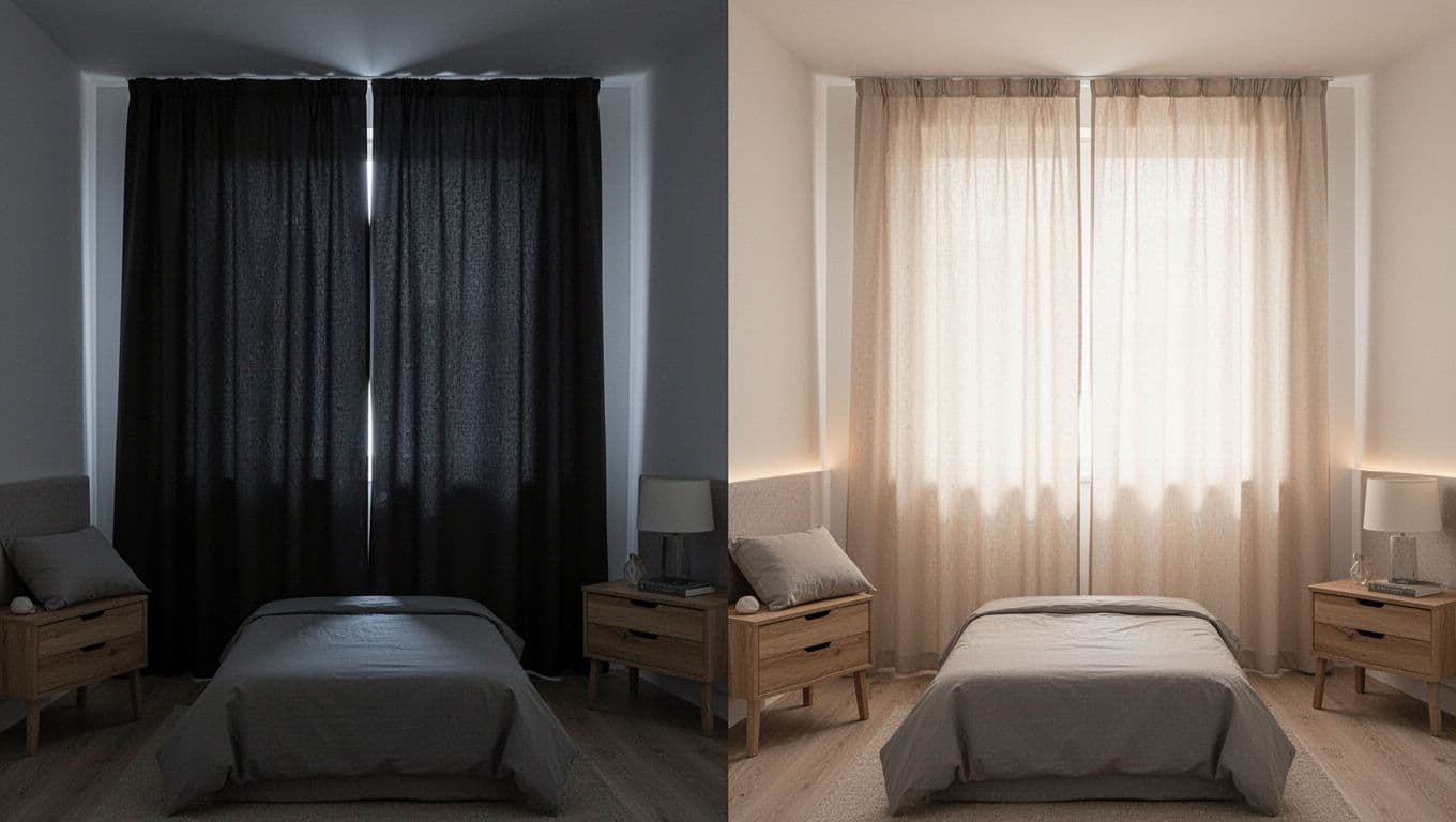 Side-by-side comparison in a bright modern bedroom: blackout curtain blocks all light creating darkness on the left, while light-filtering curtain allows soft diffused glow on the right. Realistic photography with high contrast, neutral tones, detailed fabrics, no people or text.