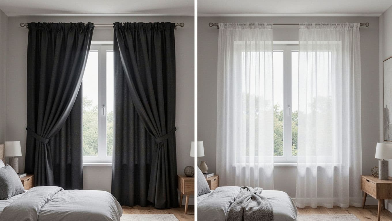 Realistic indoor side-by-side comparison of heavy blackout fabric curtains with high folds on a sagging thin track versus light sheer curtains on a straight track in a modern bedroom window under soft natural daylight.