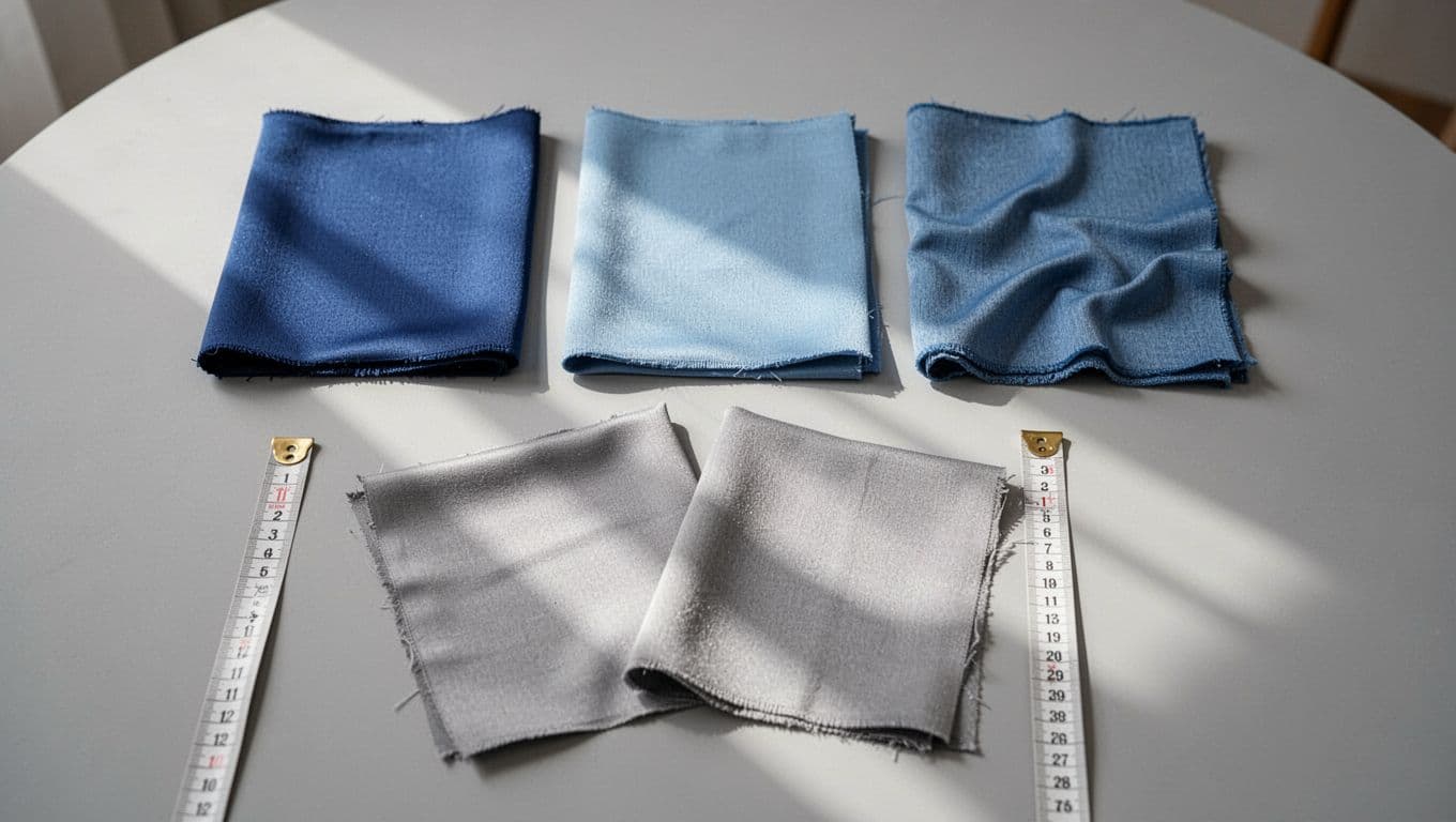 Flat lay composition on a light gray table showing three blue curtain fabric swatches with color variations, creases, and overlapping pieces demonstrating uneven light blocking, with a measuring tape nearby.