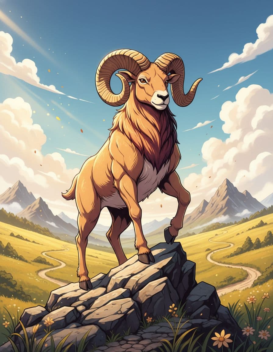 一隻勇敢的公羊站在山頂,象徵白羊座的領導力和熱情,周圍陽光普照的草原與登山路徑,背景藍天白雲,風格寫實動漫混合