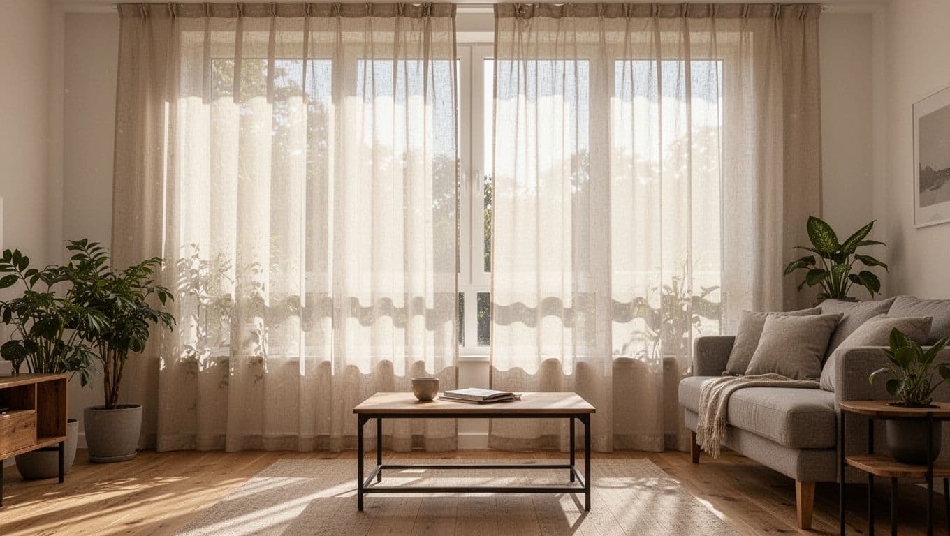 低預算訂製窗簾:遮光等級怎麼選睡得香 A bright daytime living room illuminated by soft filtered natural light through light-colored sheer curtains on a large window, creating a warm and inviting atmosphere. The translucent curtains reveal outlines of a sofa, coffee table, with cozy modern interior featuring wooden floors and nearby plants.