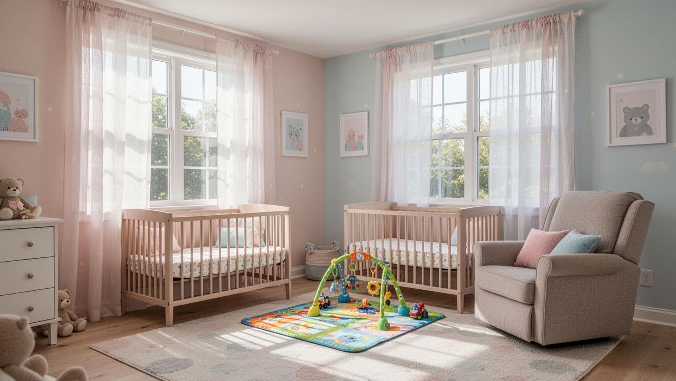 訂製窗簾抗UV值得選嗎?價格差異與實際效果解析 Bright nursery room interior with sheer curtains diffusing soft natural light through large windows, baby crib near window with play mat, comfortable armchair, pastel colors, and inviting home environment.