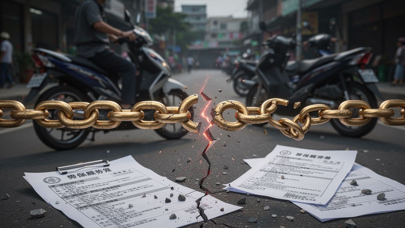 外送員勞保年資與級距規劃:退休保障從這裡開始 A metal chain snaps in the middle, with continuous links on the left and scattered on the right, against a blurred background of a delivery scooter and labor insurance documents, evoking a dark warning atmosphere in realistic 3D render.