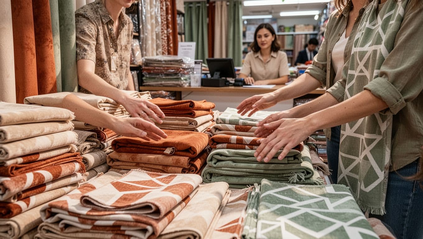 Dynamic scene in a vibrant fabric market featuring stacks of curtain fabrics in earth tones like beige, terracotta, and sage green, with geometric patterns, two shoppers reaching for piles, and a sales clerk at the counter under daylight lighting.