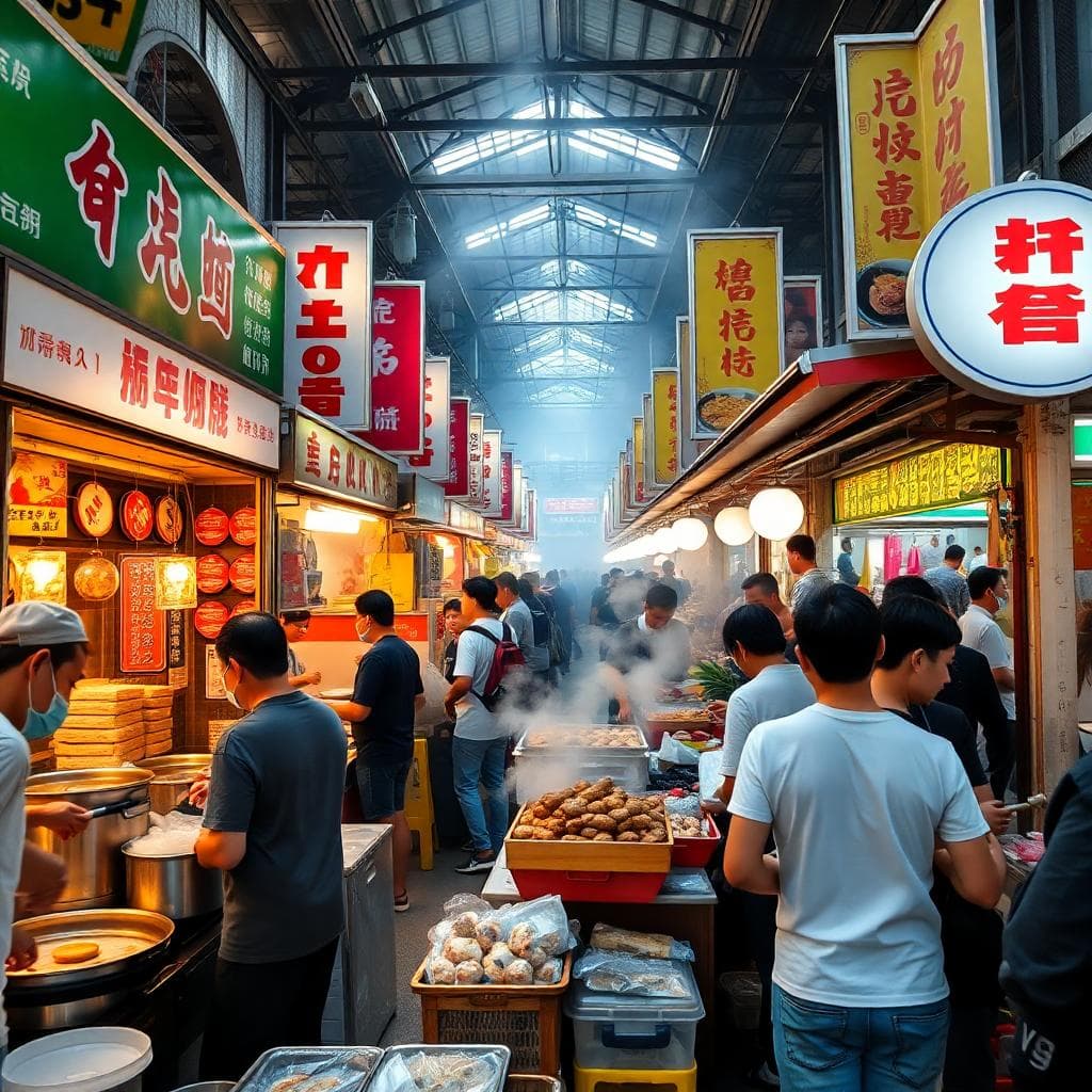 A bustling food market scene at the Fifth Market in Taichung, Taiwan, with various street food stalls offering Taiwanese snacks like mushroom meat soup and rice cakes. Show vendors preparing food, steam rising from pots, colorful signs in Chinese, people queuing, vibrant atmosphere in daylight, realistic style, no text in image.