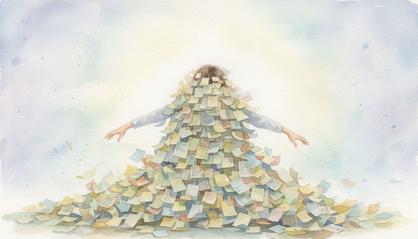 A person struggles behind a chaotic mountain of documents and sticky notes to shield against an empty void.