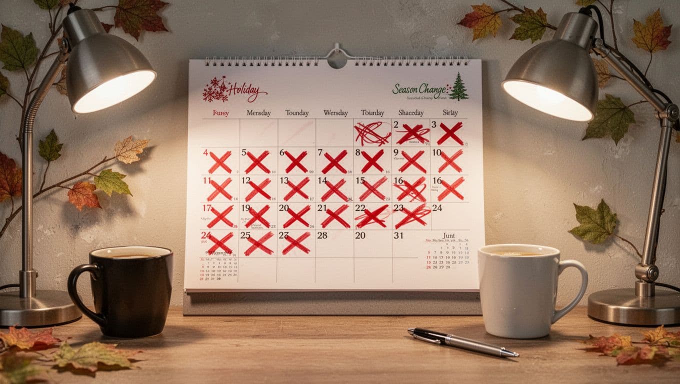 Close-up realistic still life of a wall calendar in a home office, marked with red X's on dates around holidays and seasonal changes, beside a coffee mug and pen under soft lamp light with subtle leaf decor.
