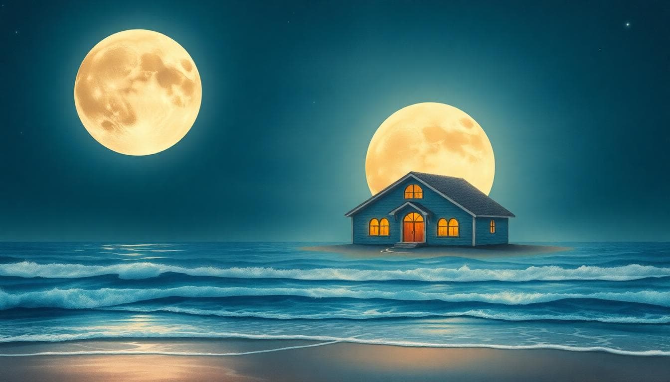 月亮巨蟹座的情感象徵，AI 生成的安定海岸與蟹殼形牆的家