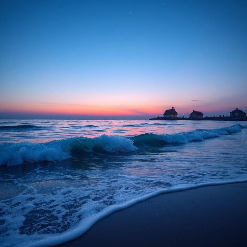 Image generated by AI: 質感海邊景致，象徵巨蟹座對安全感與情感穩定的重視，與海浪的柔和碰撞暗喻衝突與化解的過程。