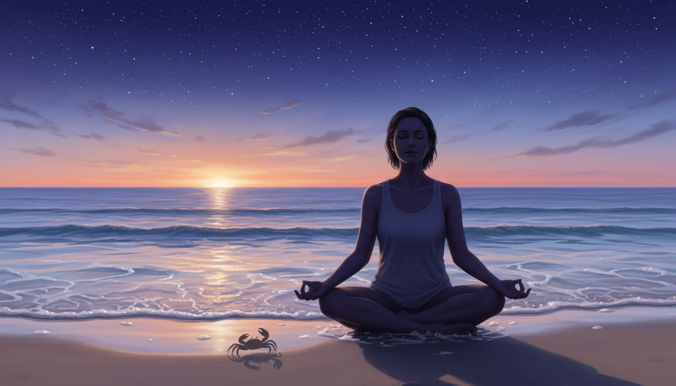 A serene scene of a person sitting by the ocean at sunset, symbolizing emotional release for Cancer zodiac sign. The person has their eyes closed in meditation, with gentle waves lapping at the shore, and a crab silhouette in the sand nearby. The mood is calm and healing, with soft blue and orange tones. In the background, a starry sky begins to emerge, representing inner peace.