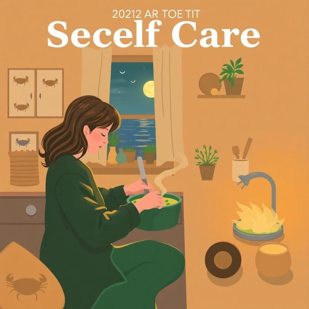 A cozy home scene for Cancer zodiac self-care, featuring a person preparing a simple, nourishing meal like vegetable soup in a warm kitchen with soft lighting. In the background, include subtle crab motifs on decor or a window view of the moonlit sea. The mood is comforting and restorative, with earthy tones of green, blue, and warm yellows. Style: realistic, serene, high detail, no text.
