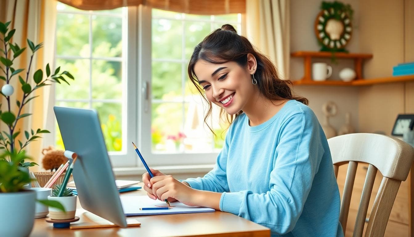 A vibrant scene of a Cancer zodiac person, represented by a young woman with a gentle smile, engaging in a creative hobby like painting or crafting at a cozy home desk. Include subtle crab motifs in the background, such as a seashell or moon phase decor. The setting is warm and inviting with natural light from a window overlooking a garden, symbolizing rebuilding confidence and exploring new interests. Mood is empowering and joyful, with soft pastel colors like blues, greens, and yellows. Style: realistic, detailed, inspirational, no text.