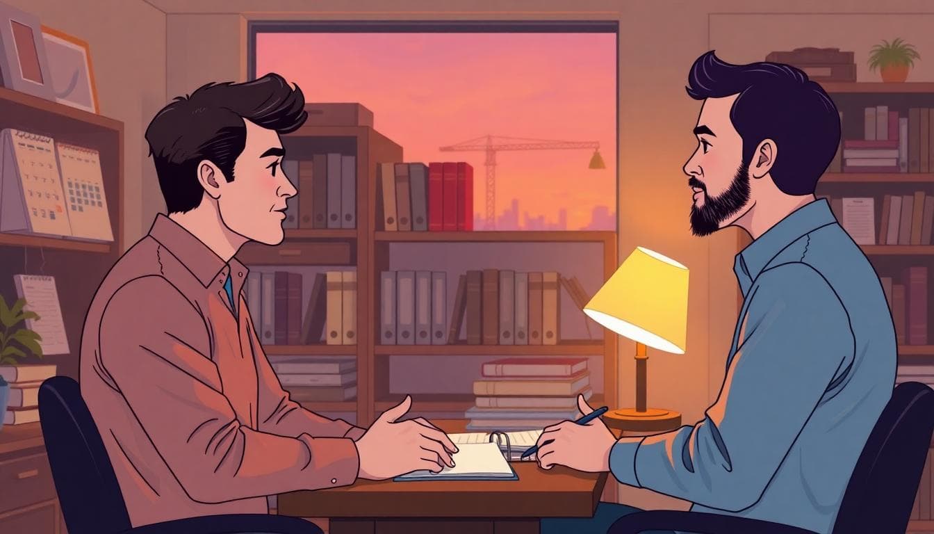 Image generated by AI: A calm conversation between two people in a cozy office setting at dusk, with one person speaking steadily and the other listening attentively.