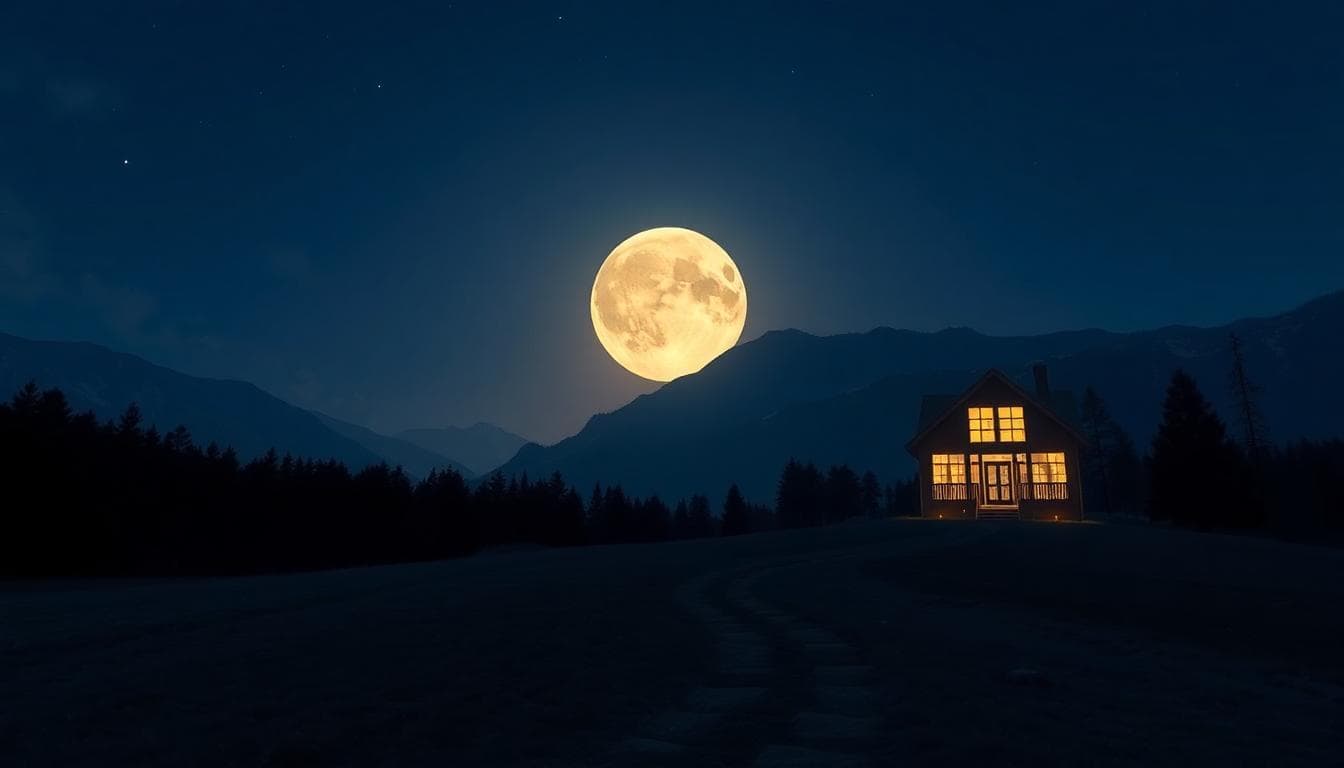 A serene night scene featuring a full moon over a stable mountain landscape, representing emotional security and Capricorn's grounded nature. In the foreground, show a reliable path leading to a cozy, well-structured home with warm lights, symbolizing longing for safety in relationships. Include subtle elements like a clock tower or calendar in the background to evoke planning and commitment. Style: realistic digital art, calm and reassuring mood, soft blue and earthy tones, high detail, no text or watermarks.