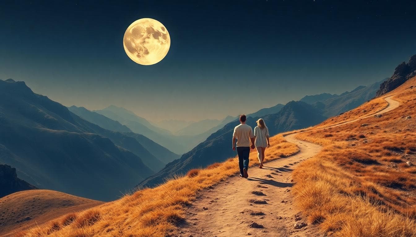 Image generated by AI: A serene path winding through stable mountains under a full moon, two people walking side by side supporting each other, symbolizing long-term relationship growth and mutual support for Capricorn moon sign.