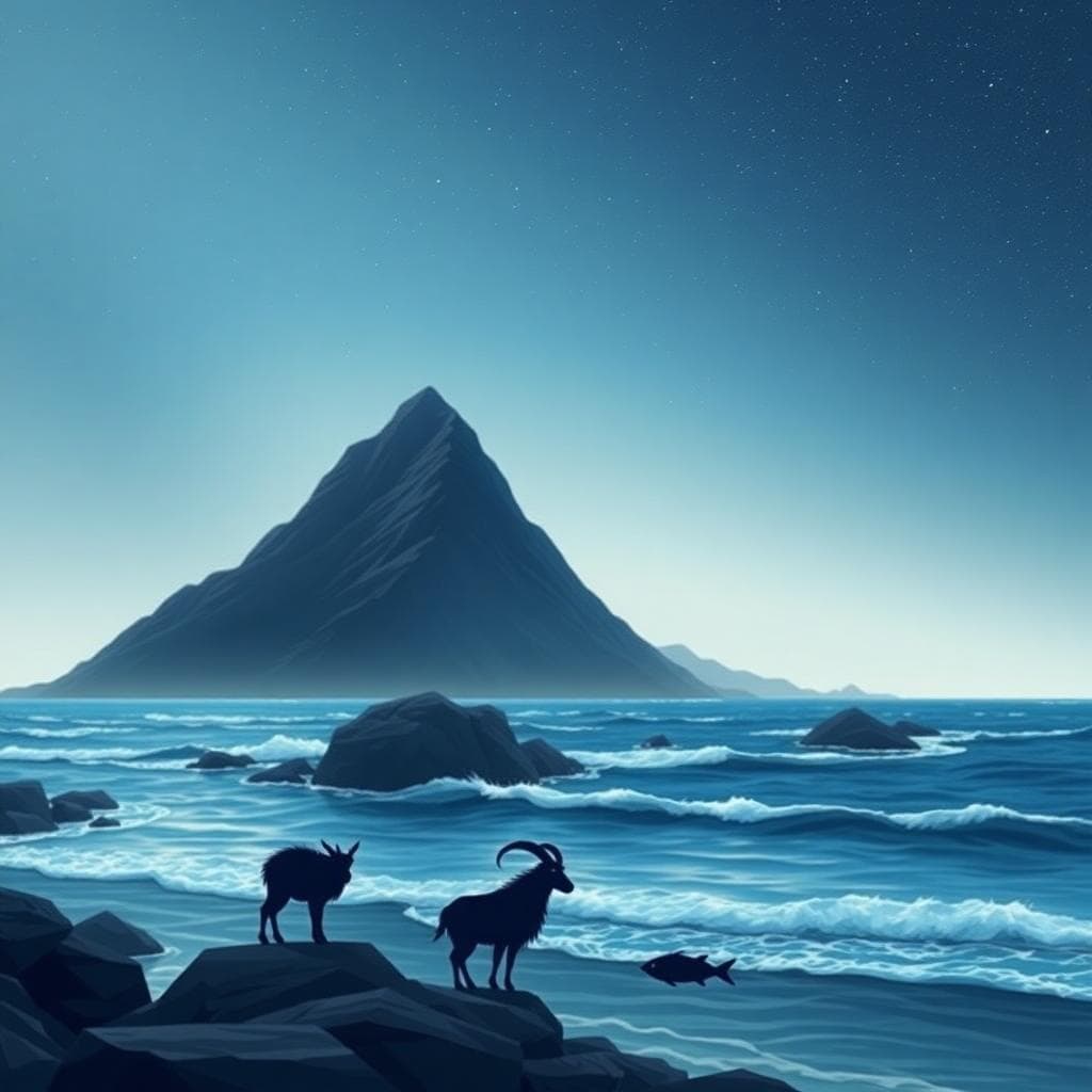 A harmonious scene where a sturdy mountain (symbolizing Capricorn) meets a gentle ocean (symbolizing Pisces), with waves softly lapping at the rocky base under a starry night sky
