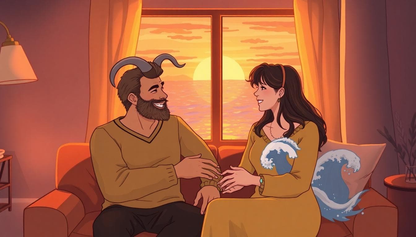 A romantic couple, one representing Capricorn with sturdy mountain-like strength and the other Pisces with gentle ocean waves, sitting together in a cozy room engaging in deep conversation, exchanging smiles and gestures of understanding, warm lighting from a window showing a sunset blending mountains and sea in the background, style realistic and heartfelt, mood intimate and supportive, detailed expressions of empathy and connection, natural colors with earth tones and soft blues, no text or watermarks.