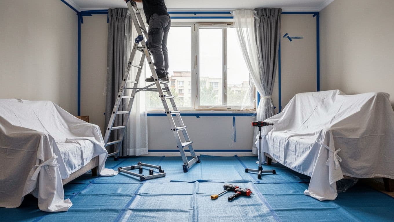 Home interior during careful custom curtain installation with floor covered in thick blue protective mats, walls edged with blue painter's tape, and furniture draped with white drop cloths. Partial worker on ladder installs half-done curtain in clean, damage-free environment.
