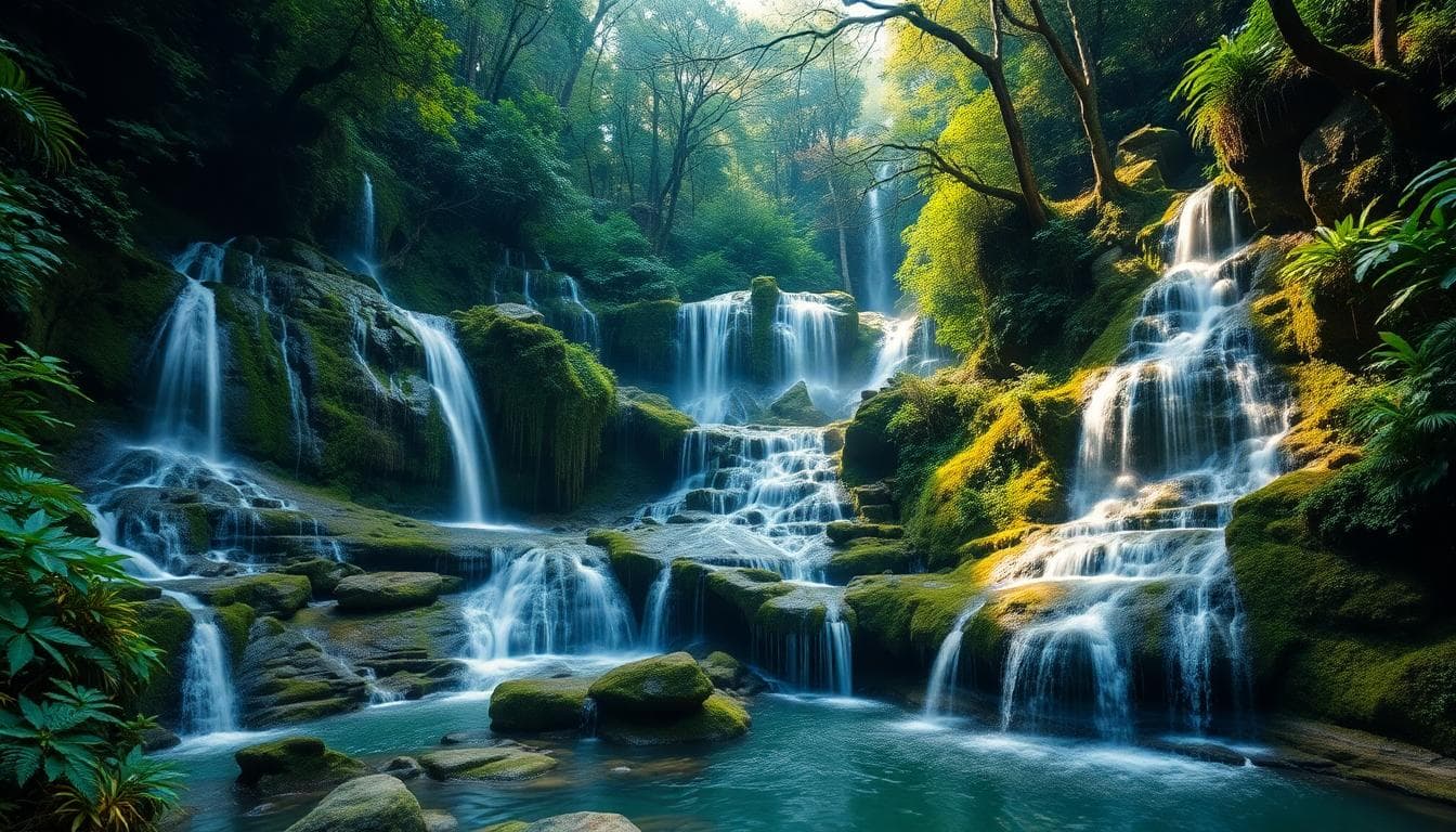 高義瀑布群多層瀑布在山林中的景致，翠綠覆蓋岩壁，水霧繚繞，充滿探險氣息。