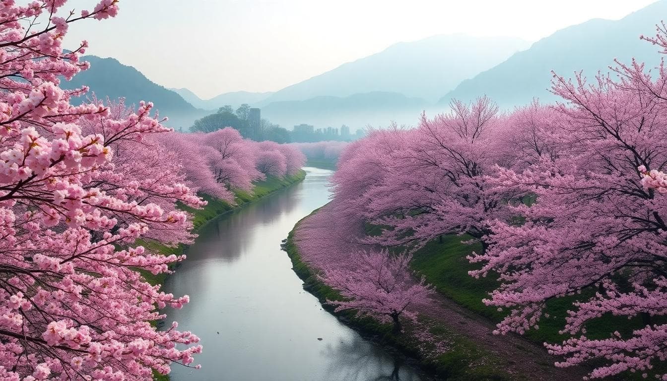 武陵農場粉紅櫻花河的另一角度，花海延展感強烈，AI生成影像