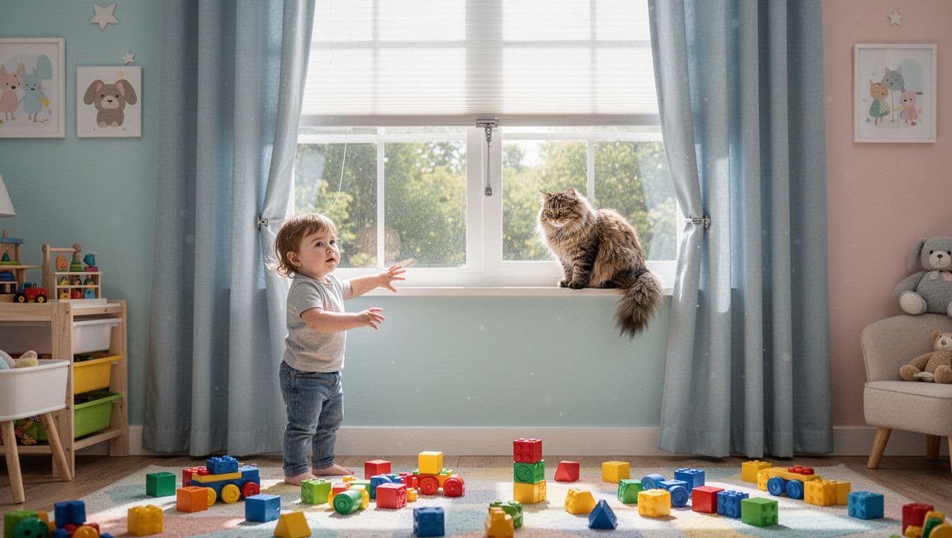 訂製窗簾一定要花錢的3大地方:布料、五金、安裝全解析 A cheerful children's playroom with safe cordless curtains prevents a curious two-year-old toddler from accessing any cords, while a fluffy cat sits unharmed on the windowsill amid scattered colorful toys and sunny afternoon light.