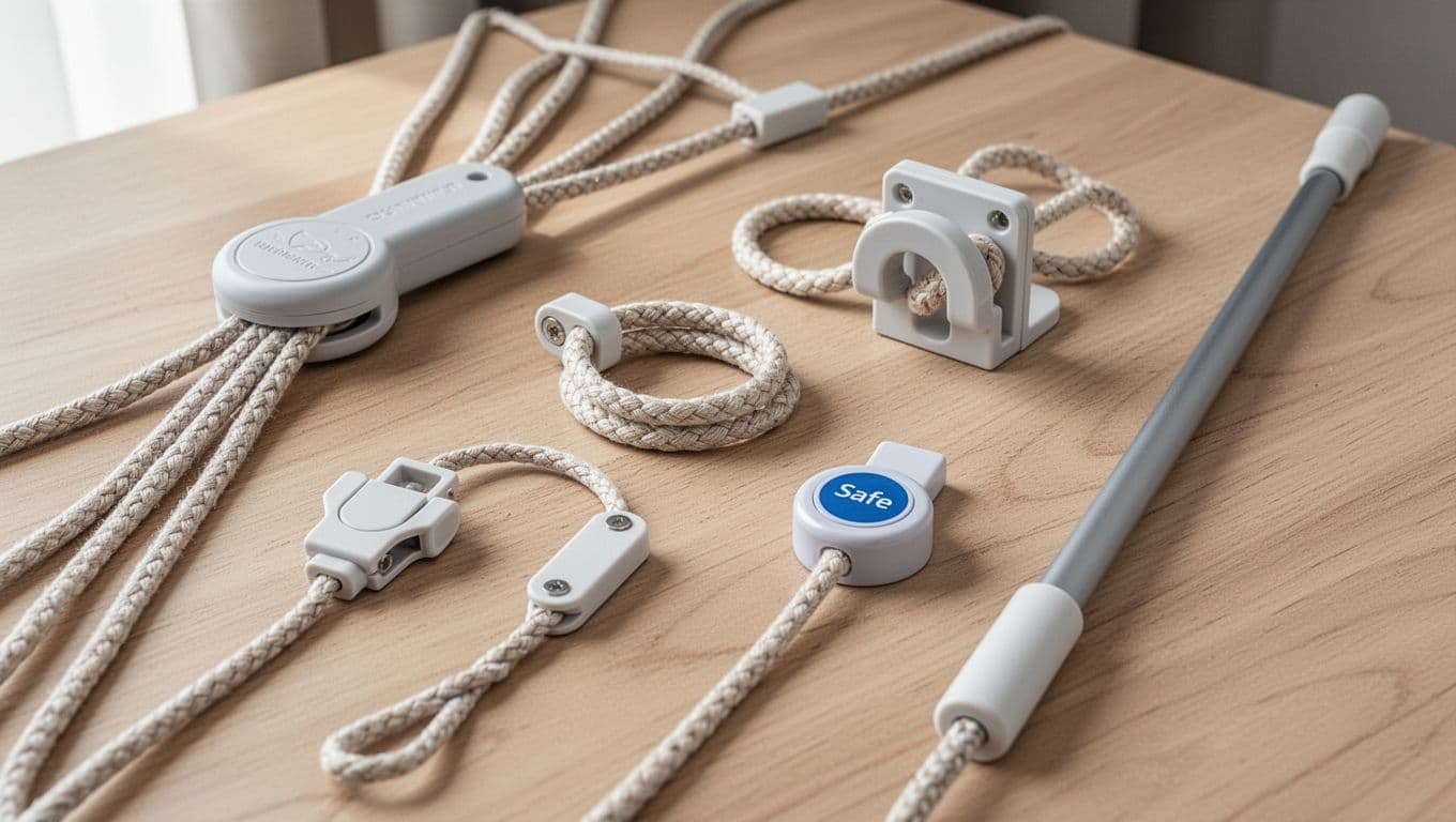 訂製窗簾加價項目表:常見4大類一次清單掌握 Close-up product display on a light wooden table featuring five child-safe curtain accessories: anti-strangle cord tensioner, cord cleat wall mount, breakaway safety clip, magnetic wand control, and extended pull stick. Natural soft lighting highlights safety features and easy installation in a professional e-commerce style.