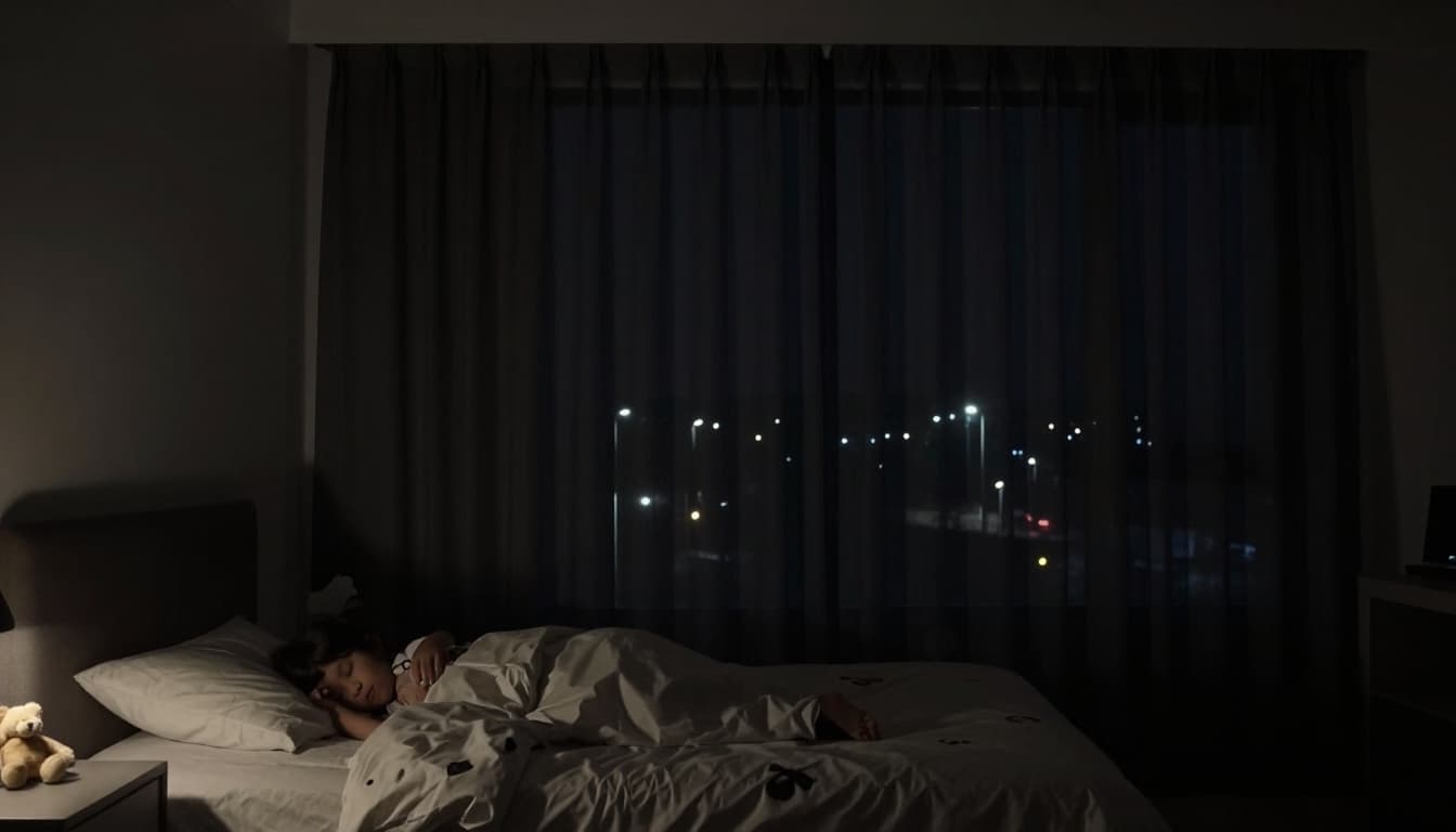 A modern bedroom at night in complete darkness due to level 5 blackout curtains blocking all city light, featuring a child's bed with rumpled sheets, stuffed animals, and a dim lamp on the nightstand.