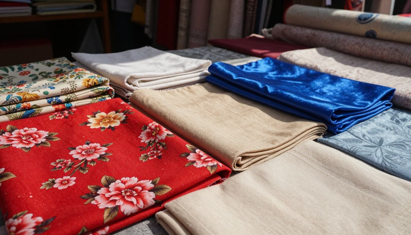 A detailed close-up of folded swatches of colorful Chinese curtain fabrics including floral cotton, plain weaves, and polyester blends on a market stall table, with three prominent samples in red floral, beige plain, and blue shiny.