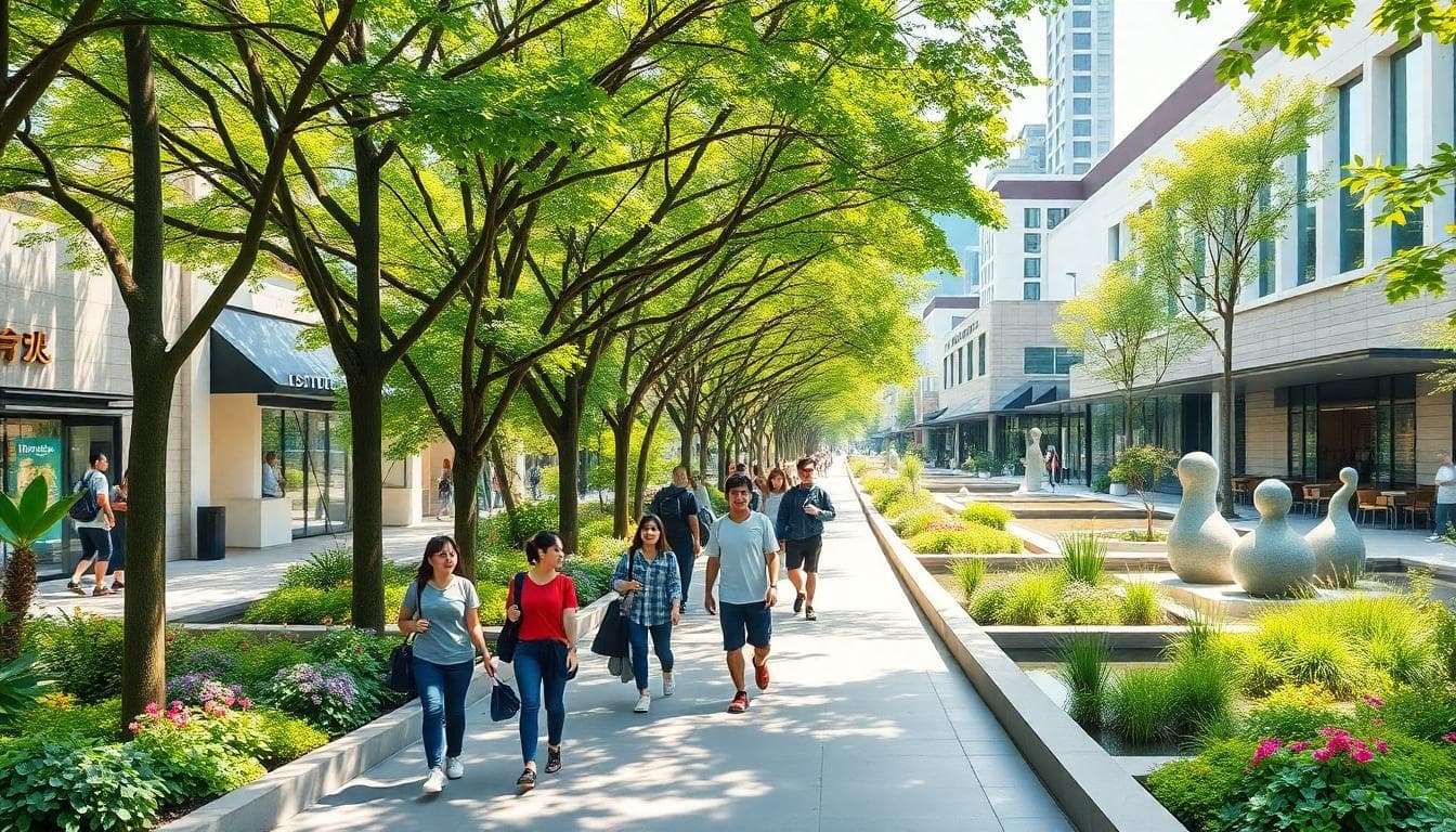 A vibrant daytime scene of Chunmei Eslite Greenway in Taichung, Taiwan, featuring a tree-lined pedestrian path with modern boutique shops, cafes, and art installations on both sides. People, including young students and families, stroll leisurely along the green walkway, enjoying the lush greenery, flower beds, and open spaces. In the background, elegant architecture of the shopping area blends with natural elements like ponds and sculptures. The atmosphere is relaxed and inviting, with sunlight filtering through the trees, creating a peaceful leisure spot. Realistic style, high detail, warm colors, no text or watermarks.