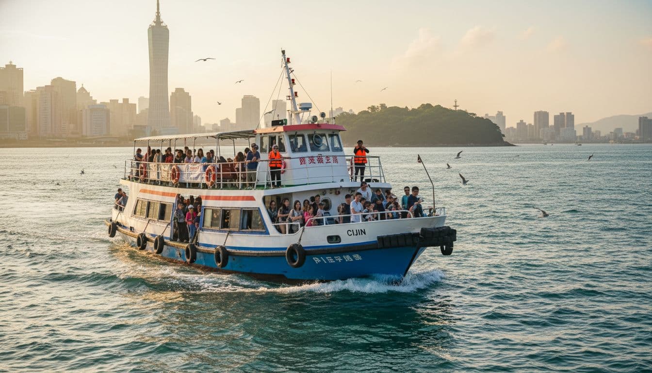 A lively view of the Cijin ferry in Kaohsiung harbor, with passengers boarding the boat on a sunny day.