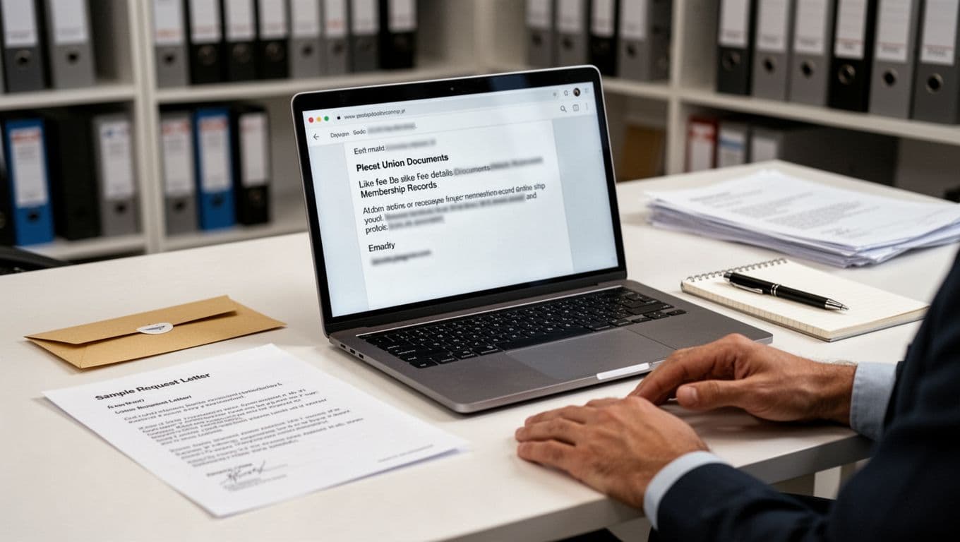 Realistic clean office desk with open laptop showing blurred email draft requesting union documents, printed sample letter, envelope, pen, notepad, and relaxed hands on desk edge. Soft lighting, professional style with blurred file shelves background.