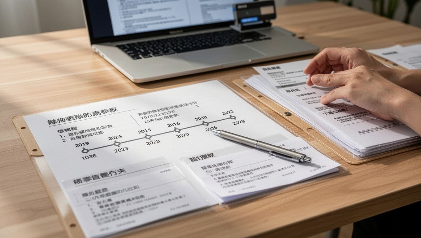 Realistic professional image of a clean wooden desk in natural light, featuring a one-page printed timeline summary with key dates, an evidence directory list, and date-sorted attachment folders containing Traditional Chinese document copies like payment slips and official records. A pen points to the timeline with one relaxed hand resting nearby, and a laptop with blurred document scanner in the soft-focus background.