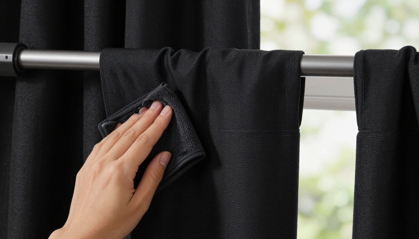 Close-up of a hand wiping high-quality blackout curtain fabric with a soft cloth, revealing its water-repellent and anti-mold texture with subtle sheen. Blurred background shows a home window with electric motorized curtain track raising the panel in soft natural daylight.