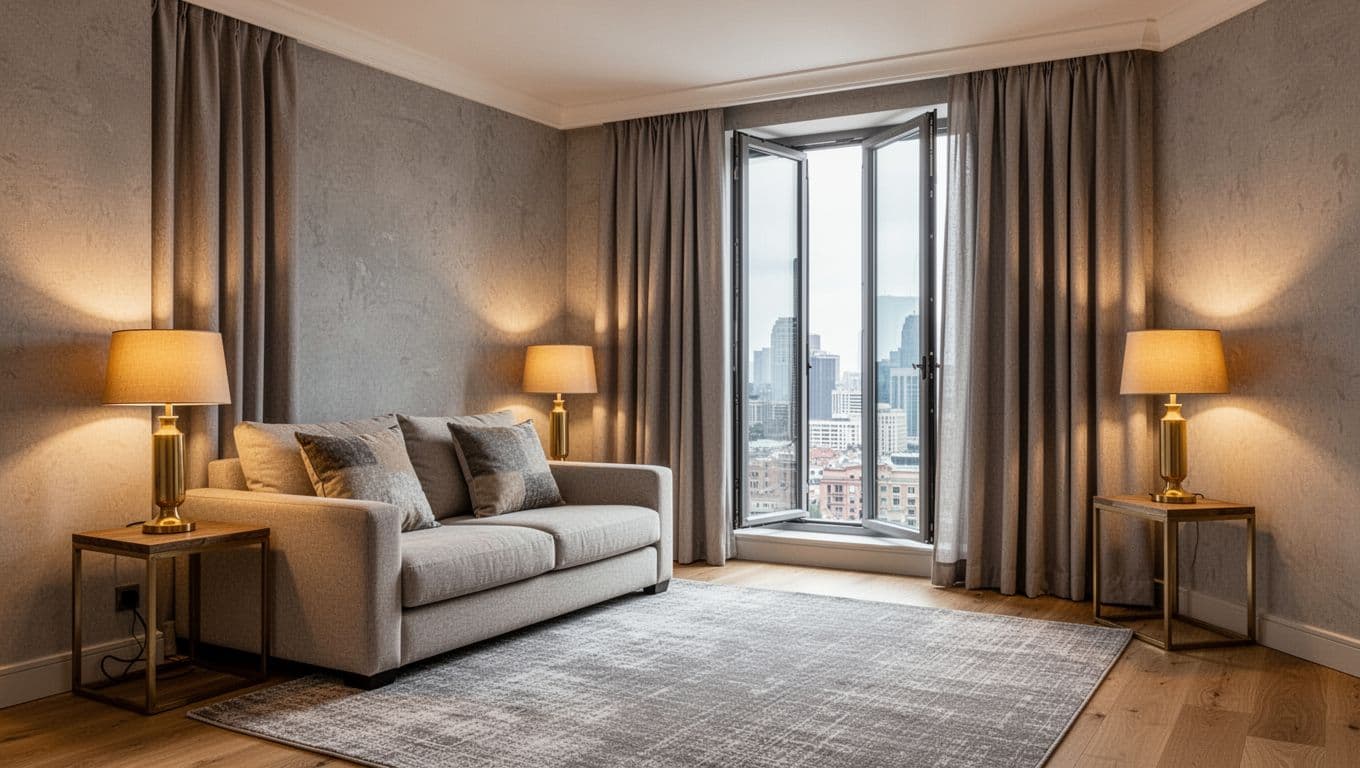 Photorealistic boutique hotel living room with floor-to-ceiling soft warm gray curtains matching textured walls, warm golden lamps, plush gray rug, gray-beige pillows, wooden floors, and a large window offering a partial city view in an elegant, relaxed mood.