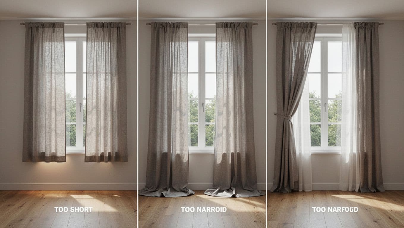 Realistic photograph of a modern living room featuring three windows side-by-side demonstrating curtain sizing errors: too short exposing floor gap, too long pooling on floor, and too narrow with side gaps.