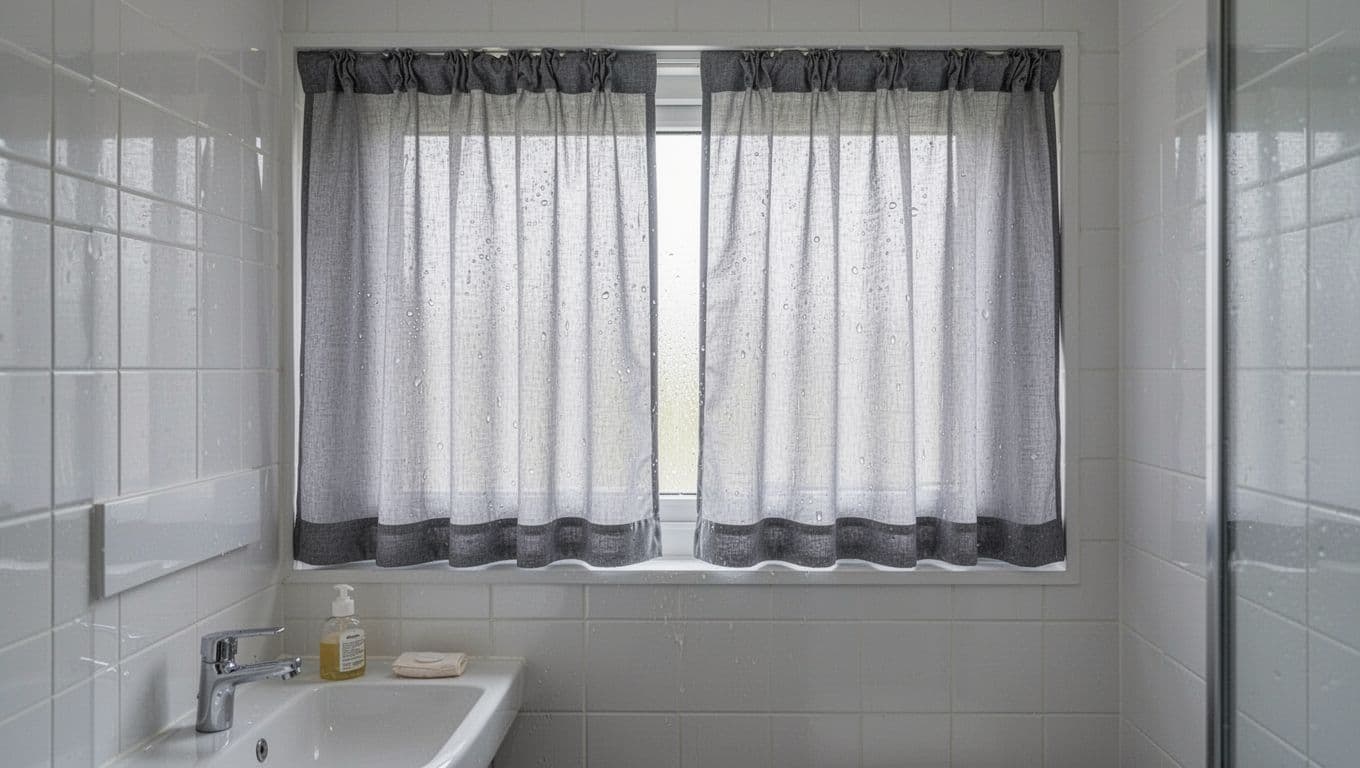 A compact bathroom features a narrow 30cm by 60cm ventilation window covered by a custom thin waterproof anti-mold curtain in soft gray, diffusing subtle light while protecting against humidity. White tiled walls and a small sink with soap complete the fresh, clean scene.