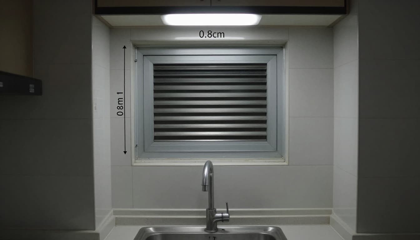 Compact kitchen area in a Taiwanese residence featuring a small ventilation window (0.8m wide, 1m high) above the sink with waterproof frame and louvers for airflow, tiled walls, sink and faucet in foreground, bright overhead light, practical clean style.